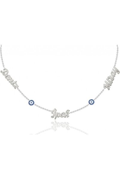 özlem kuyumculuk Üç Isimli Nazar Boncuklu Gümüş Kolye Altın Sarısı