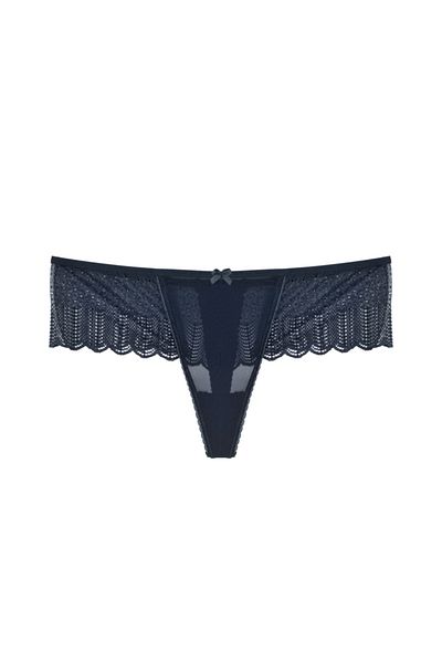 Zena Navy Blue Front Tulle Lace Sides Fancy Thong Women's Panties