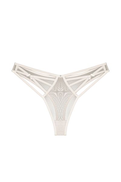 Zena Ecru Front and Back Tulle Side Thread Fancy Thong Women's Panties