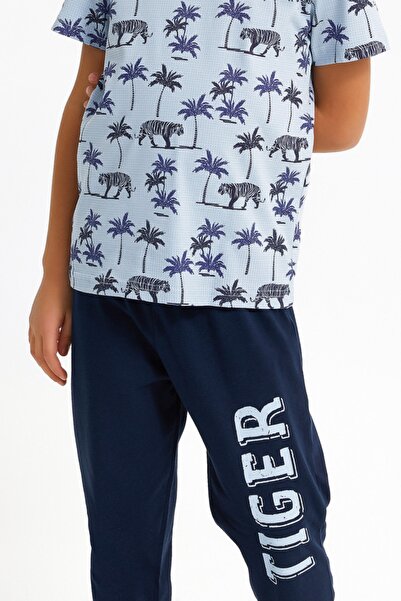 ROLY POLY Erkek Çocuk Duman Rengi Tıger Baskılı Kısa Kol Uzun Pantolon Pijama Takımı