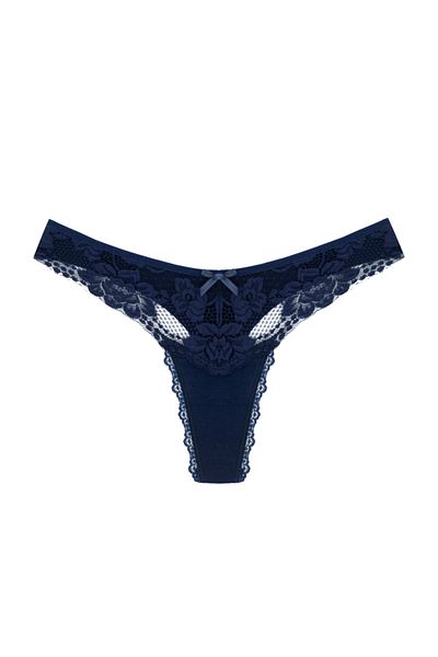Zena Cotton Thong Women's Panties - Navy Blue, Lace Front Detail