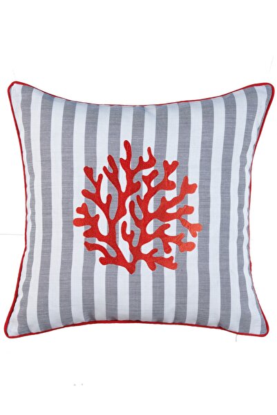 caka home design Embroidered Star Case with Piping Coral ( Grey X Ecru Stripe...