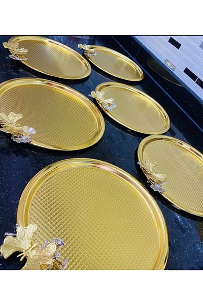 Mineli-Aşk Stylish Looking Shiny Gold 6 Piece Presentation Tray with Butterfly Accessory
