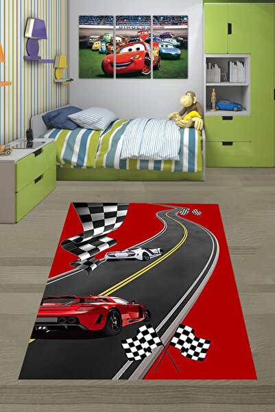 Pelangi Araba Yarışı Racer Arabalar Desenli Dijital Baskı Yıkanabilir Kaymaz ...