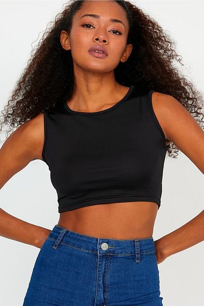 The Base Women's Black Crew Neck Scuba Diving Fabric Sports Crop Top