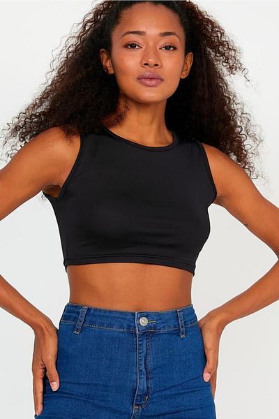 The Base Women's Black Crew Neck Scuba Diving Fabric Sports Crop Top