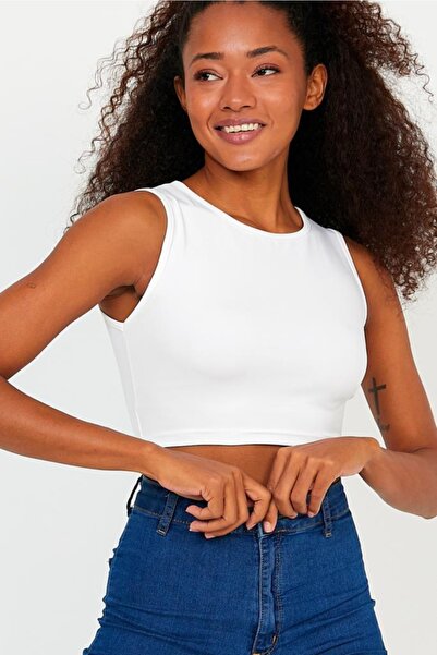 The Base Women's Ecru Crew Neck Scuba Diving Fabric Sports Crop Top