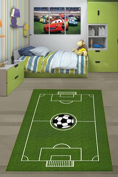 Pelangi Futbol Sahası Futbol Topu Desen Dijital Baskı Yıkanabilir Kaymaz Taba...