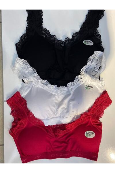 giyimsepeti 3'lü Paket Renkli Bambu Pedli Kalın Askılı Dantel Modelli Büstiyer Karışık Renk