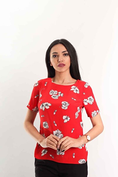 Blues Outlet Red Floral Print Women's Blouse - Short Sleeve