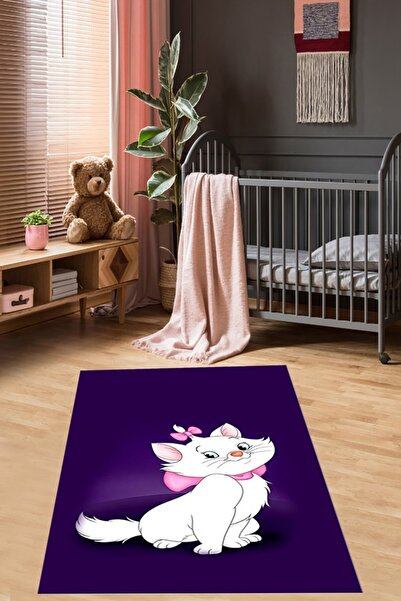Pelangi Kedili Halı Kedi Desenli Renkli Dijital Baskı Yıkanabilir Kaymaz Taba...