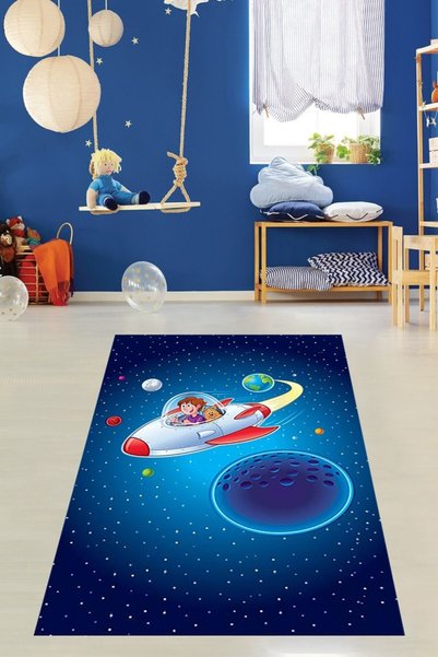 Pelangi Uzay Desenli Halı Dijital Baskı Yıkanabilir Kaymaz Taban Gezegen Roke...