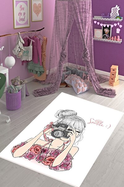 Pelangi Fotoğrafçı Kız Desenli Çiçekli Dijital Baskı Yıkanabilir Kaymaz Taban...