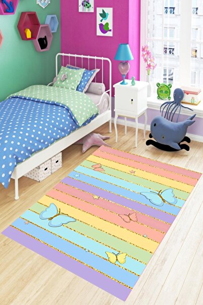 Pelangi Kelebek Desen Gold Şeritli Renkli Dijital Baskı Yıkanabilir Kaymaz Ta...