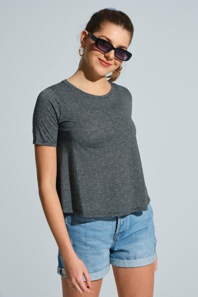 MD trend Tricou negru de damă, negru, cu decolteu în dungi, cu model