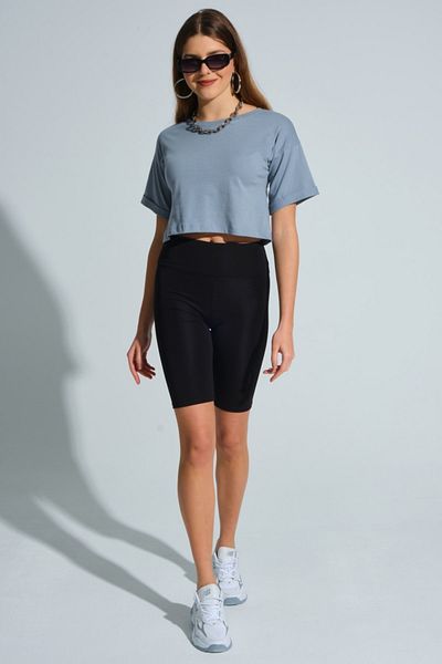 MD trend Women's Gray Double Sleeve Crew Neck Basic Crop Casual T-shirt