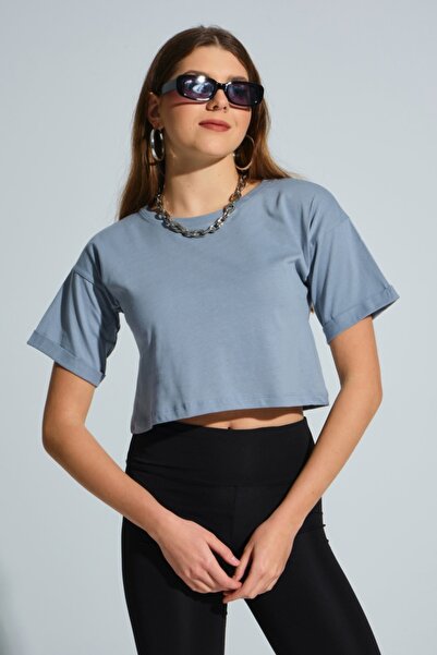 MD trend Women's Gray Double Sleeve Crew Neck Basic Crop Casual T-shirt