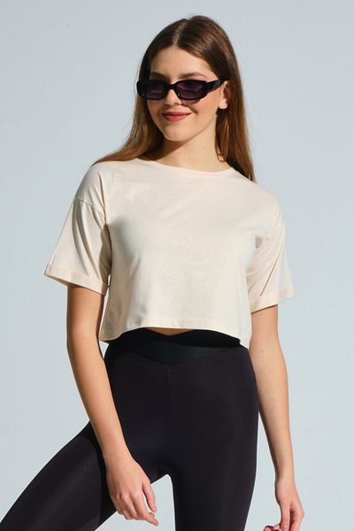 MD trend Women's Stone Double Sleeve Crew Neck Basic Crop Casual T-shirt