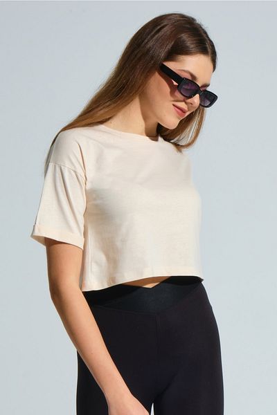 MD trend Women's Stone Double Sleeve Crew Neck Basic Crop Casual T-shirt