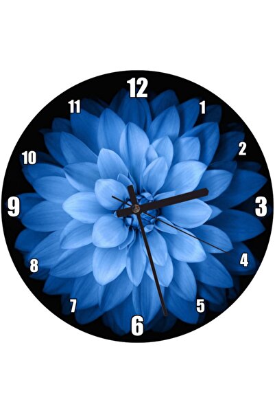 Cakatablo Siyah Zeminde Mavi Çiçek Duvar Saati (çap 30x30 Cm)