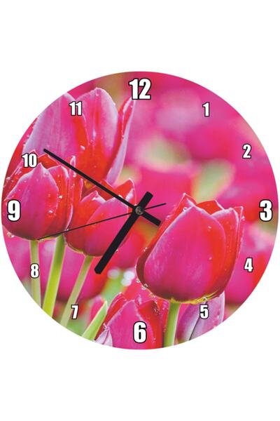 Cakatablo Red Tulip Flower Rain Droplet Wall Clock (Diameter 30X30 cm)
