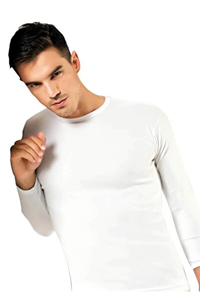Tutku Elite Elastane Crew Neck Long Sleeve Men's Undershirt 1302 |   White