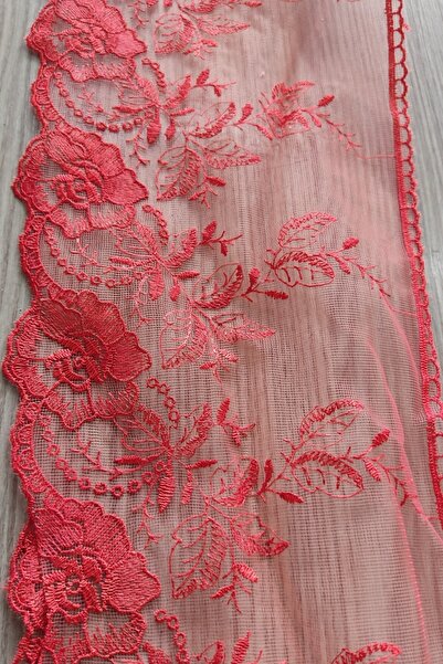 DUAYEN Kırmızı Fransız Güpür Dantel Tül Üzeri Işleme Letafet Desen 2 Metre