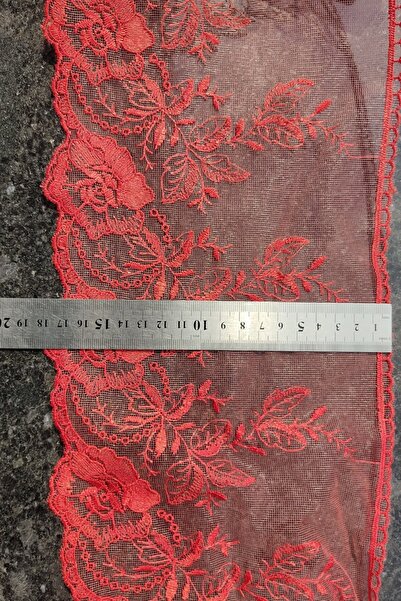 DUAYEN Kırmızı Fransız Güpür Dantel Tül Üzeri Işleme Letafet Desen 2 Metre