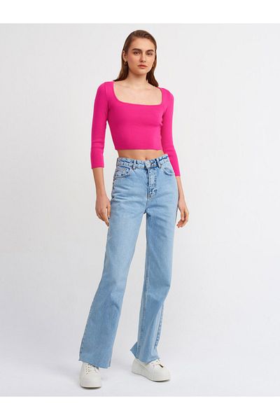 Dilvin 10177 Kurzer Pullover mit eckigem Kragen - Fuchsie