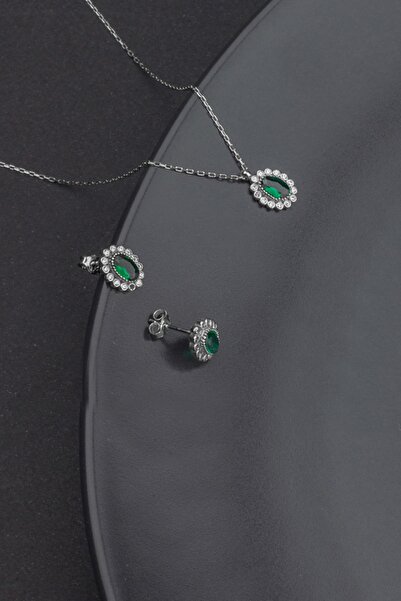 Miavi Silver 925 Ayar Gümüş Oval Zümrüt Model Kolye Ve Küpe Takı Seti