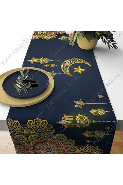 Tataroğlu Dijital Kumaş Ramadan Special Dark Blue Floor Lamped Runner