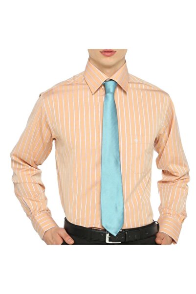 Gomlekplus Yanan Turuncu Çizgili Armürlü Poplin Gömlek
