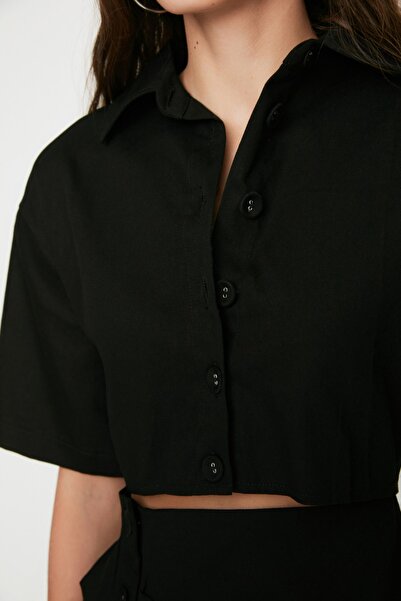 Trendyol Collection Limited Edition Black A-line Window Detailed Shirt Collar Mini Woven Dress TWOSS21EL1780