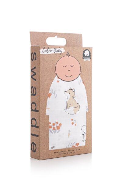 Caline Baby غطاء قماش موسلين نمط الثعلب 120x120 سم + 4 مناديل للفم
