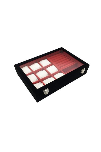 İmpala Kutu Watch Ring Cufflink And Glasses Multi-Purpose Jewelry Box Black Suede Plated Watch Box