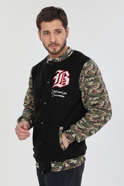 MERİCEY Unisex Καμουφλάζ Μαύρο Κεντημένο Κολλεγιακό Μπουφάν