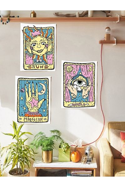 Buka Shops Set de 3 tapiserii de perete cu ilustrație de tarot pastel