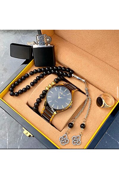 Choppers Çelik Kasa Çelik Kordon Siyah Altın Analog Erkek Saat Seti