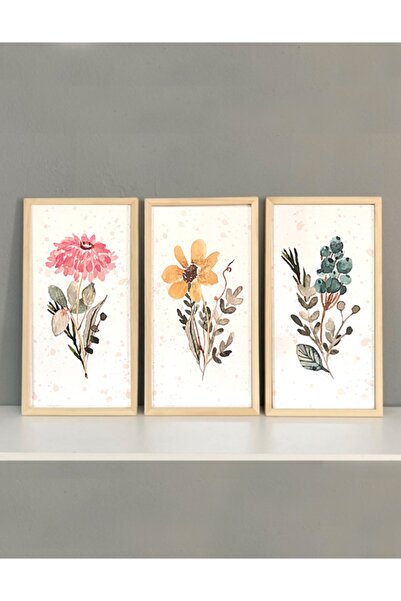 Vetro Design Suluboya Çiçekler Ahşap Çerçeveli Tablo Set (25x49 Cm)