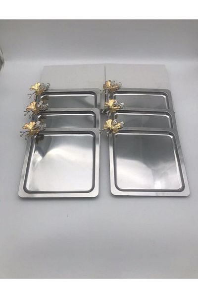 Fiyakalı Ürünler Atölyesi 6-Piece Stainless Steel Square Presentation Tray - With Butterfly Accessory, Catering Coffee and Tea Presentation
