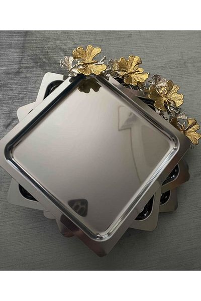 Fiyakalı Ürünler Atölyesi 6-Piece Stainless Steel Square Presentation Tray - With Butterfly Accessory, Catering Coffee and Tea Presentation
