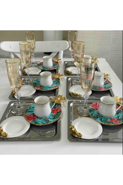 Fiyakalı Ürünler Atölyesi Stainless Steel Square 6-Piece Presentation Tray with Butterfly Accessories, Catering Tray, Coffee and Tea Presentation