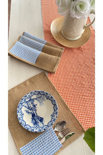 White Alamode Gingham Orange Runner And Blue Jut Placemat Set