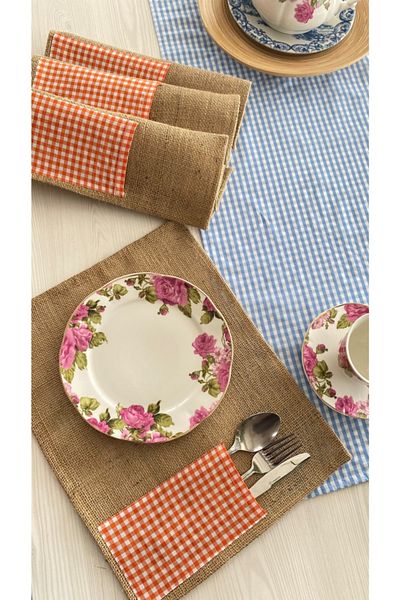 White Alamode Set de servicii americane Gingham Blue Runner și Jut Orange