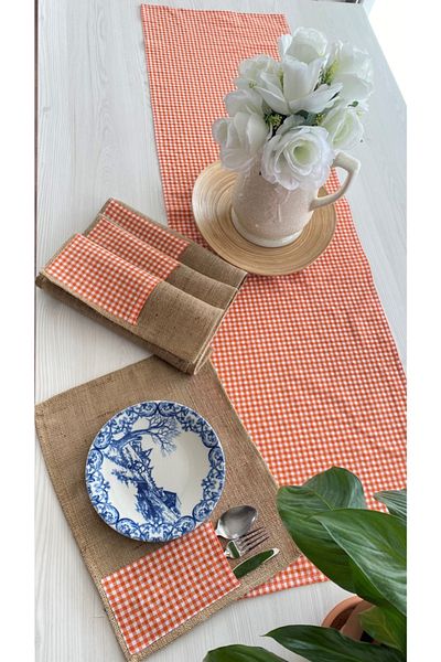 White Alamode Gingham Orange Runner And Orange Jut Placemat Set