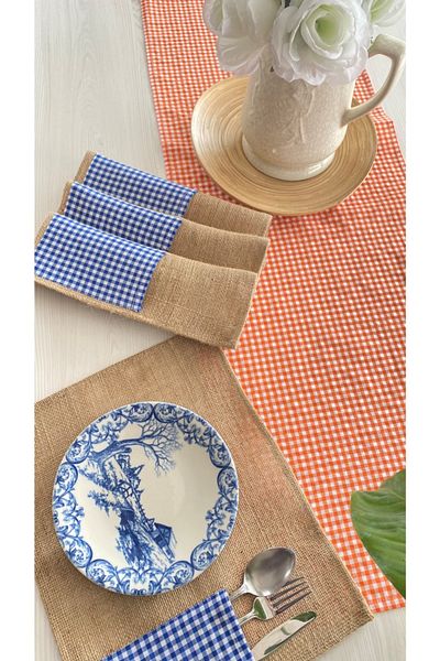 White Alamode Gingham Orange Runner And Navy Blue Jut Placemat Set