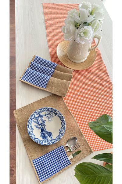White Alamode Gingham Orange Runner And Navy Blue Jut Placemat Set