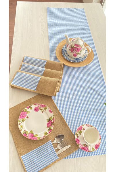 White Alamode Σετ σέρβις Gingham Blue Runner And Jut American Service