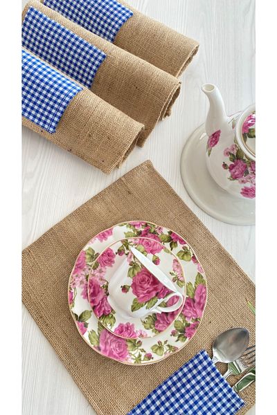 White Alamode Set de servicii americane din iuta bleumarin Gingham