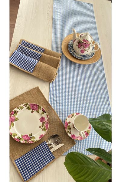 White Alamode Σετ σέρβις Gingham Blue Runner And Jut Navy Blue American Service